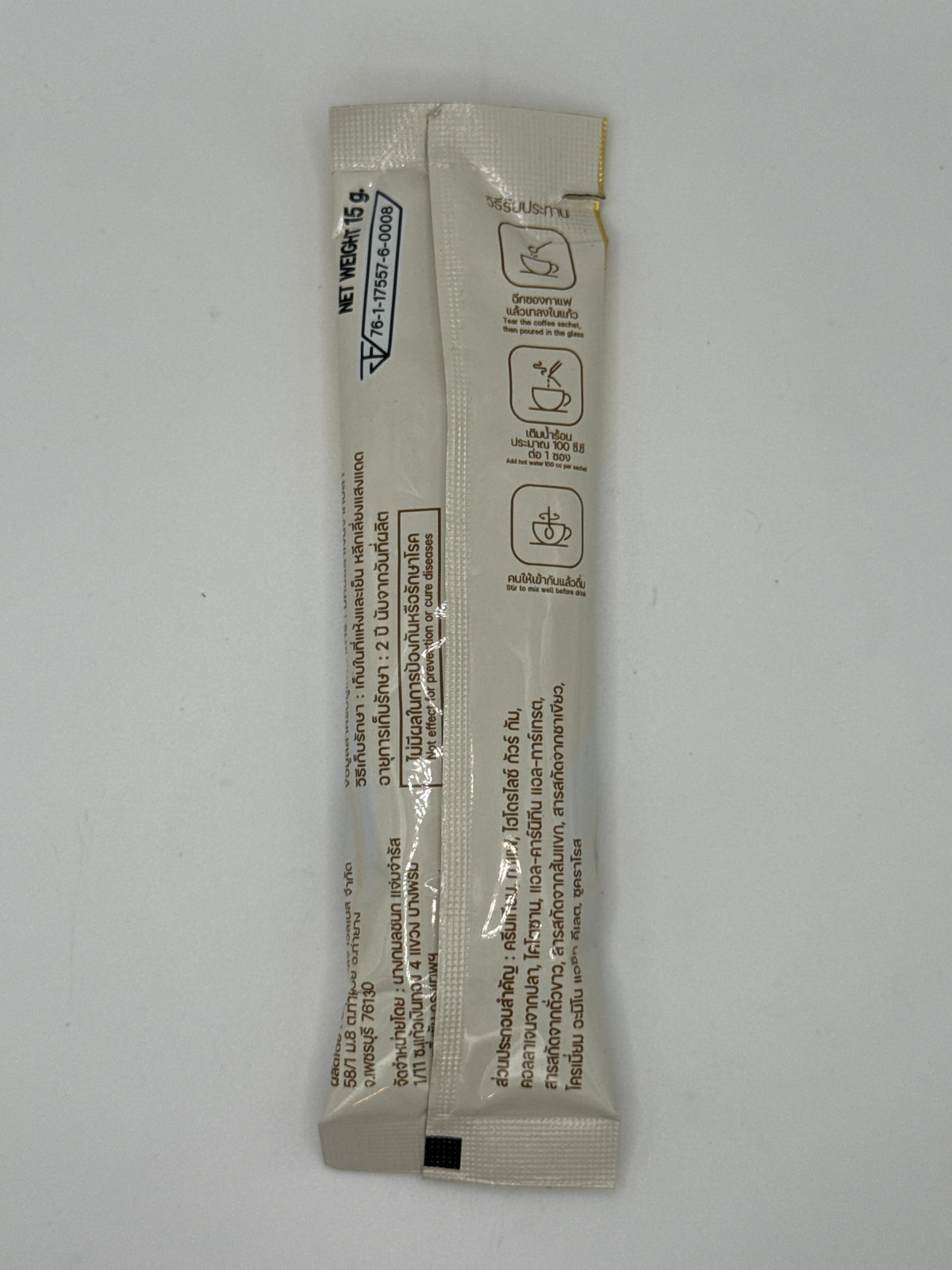 C9 Coffee Mix Gold 15 g instant coffee sachet, back view showing Thai product information and illustrated preparation steps.