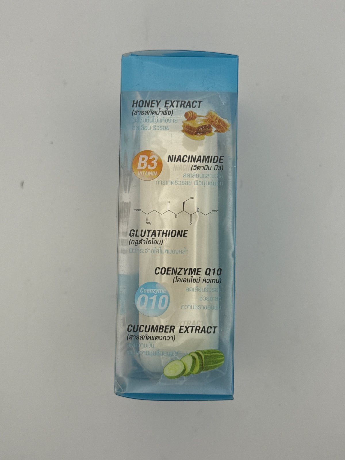 Ingredient panel: Beauty Buffet Q10 Milk Soap side panel highlighting honey, niacinamide, glutathione, coenzyme Q10, and cucumber extract.