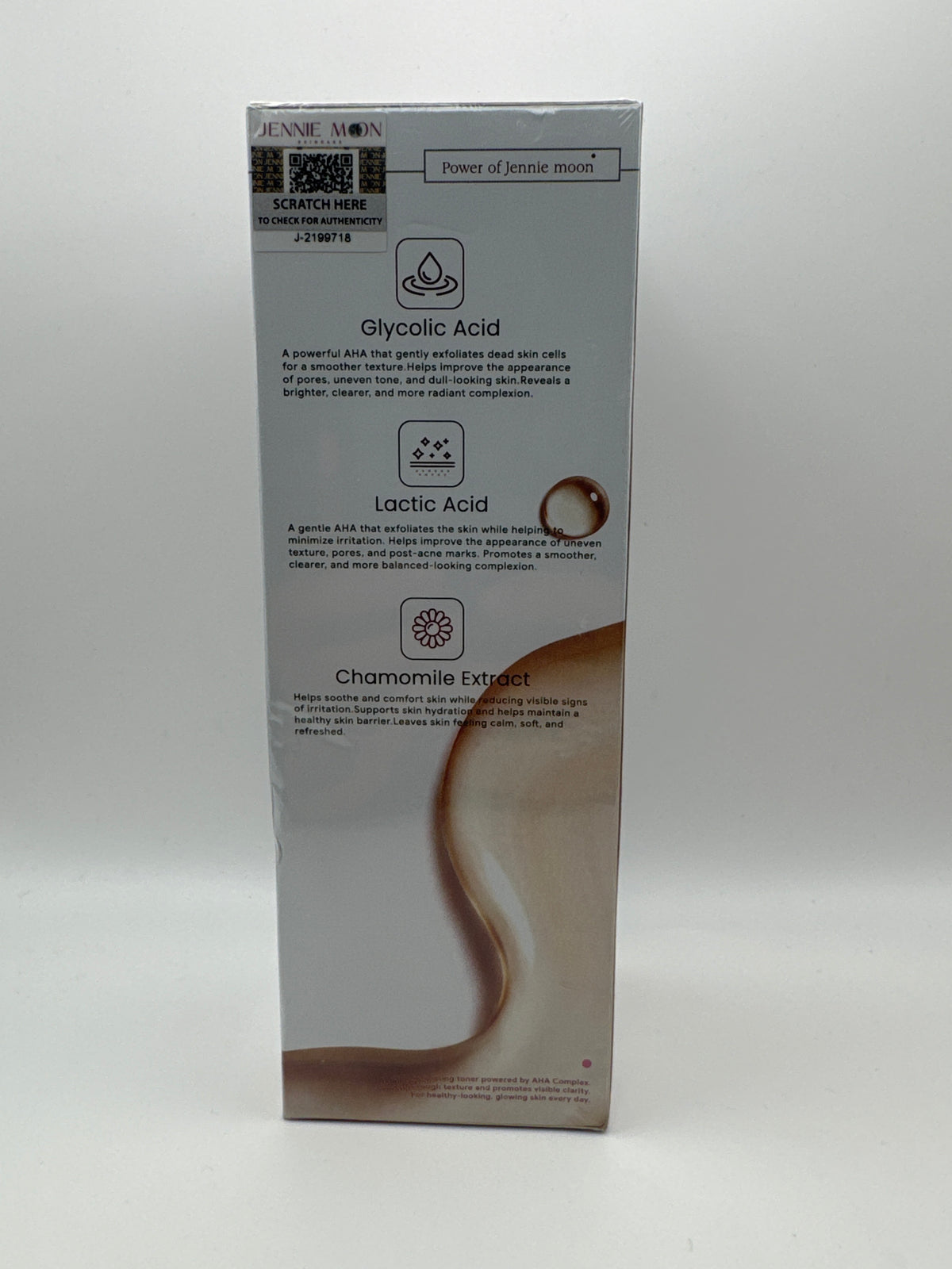 Side of Jennie Moon Power of Toner Solution box describing glycolic acid, lactic acid, and chamomile extract.