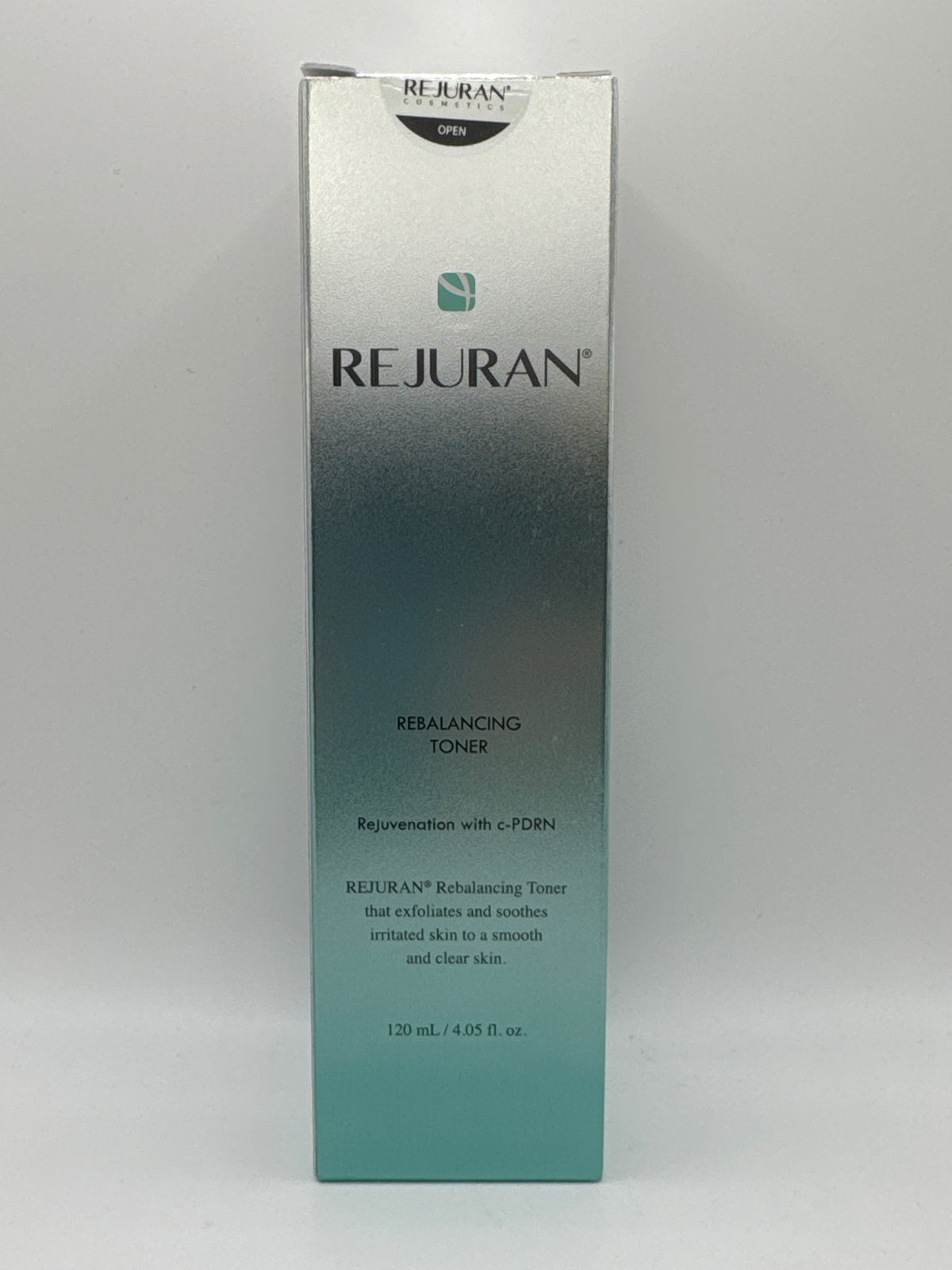 Rejuran Rebalancing Toner 120 ml box, front view with silver-to-teal design and c-PDRN labeling.
