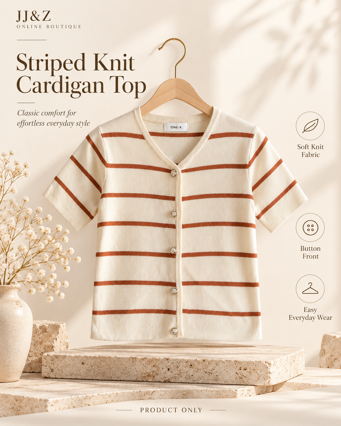 Striped Knit Short Sleeves Cardigan Top