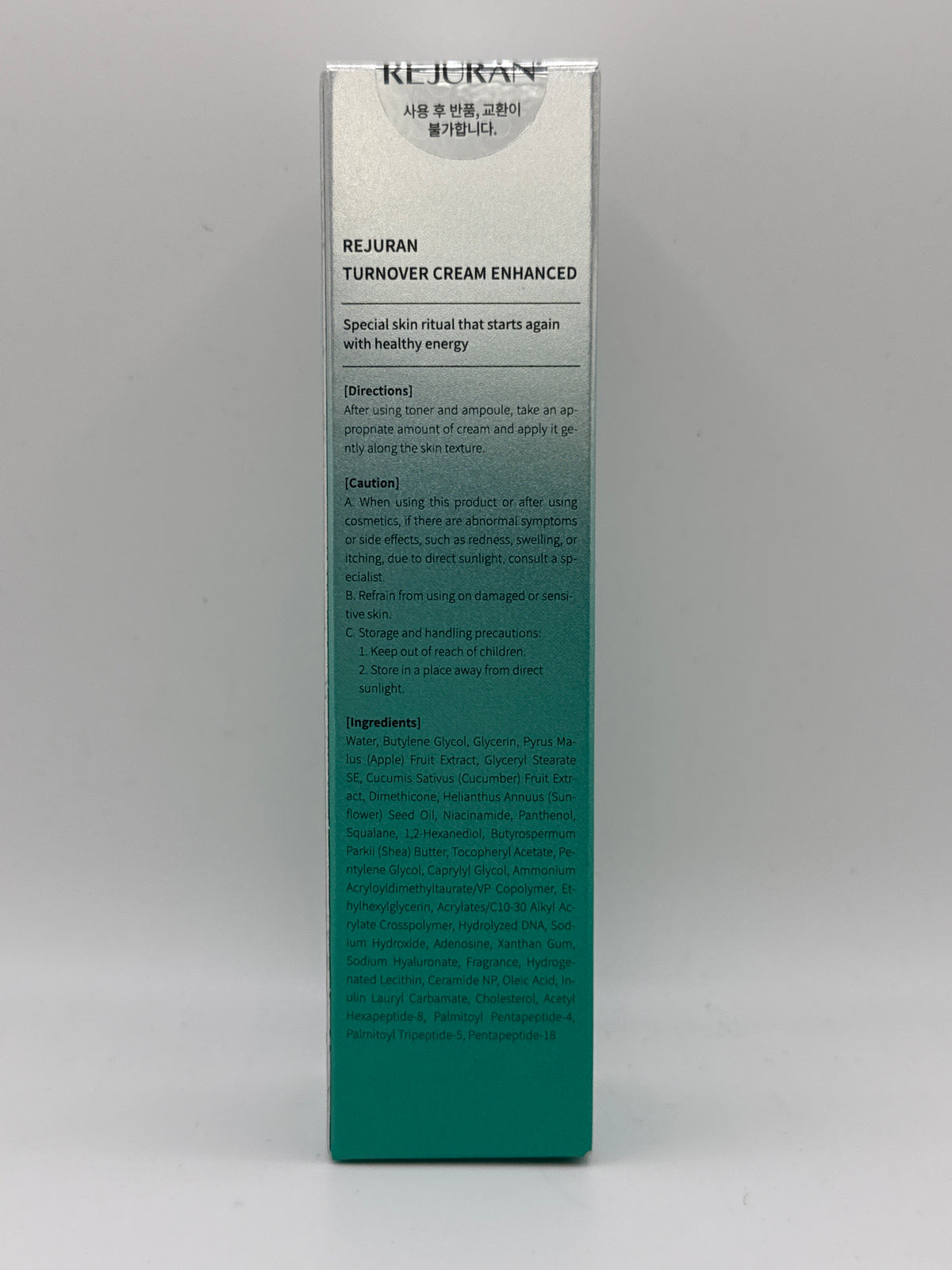 Rejuran Turnover Cream Enhanced box showing English directions, precautions and ingredient list.