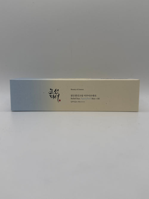 Beauty of Joseon Relief Sun Aqua Fresh Rice + B5 SPF 50+ PA++++ sunscreen box, front view.