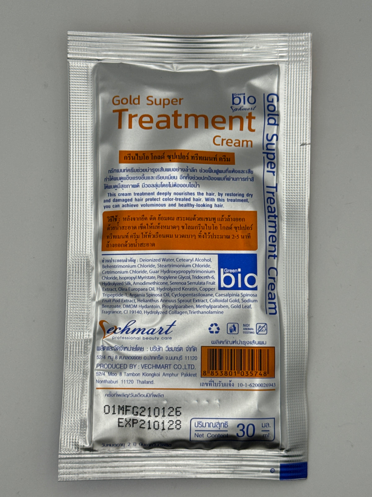 Bio Gold Super Hair Treatment Cream silver back label showing directions, ingredients, barcode, and 30 ml size.