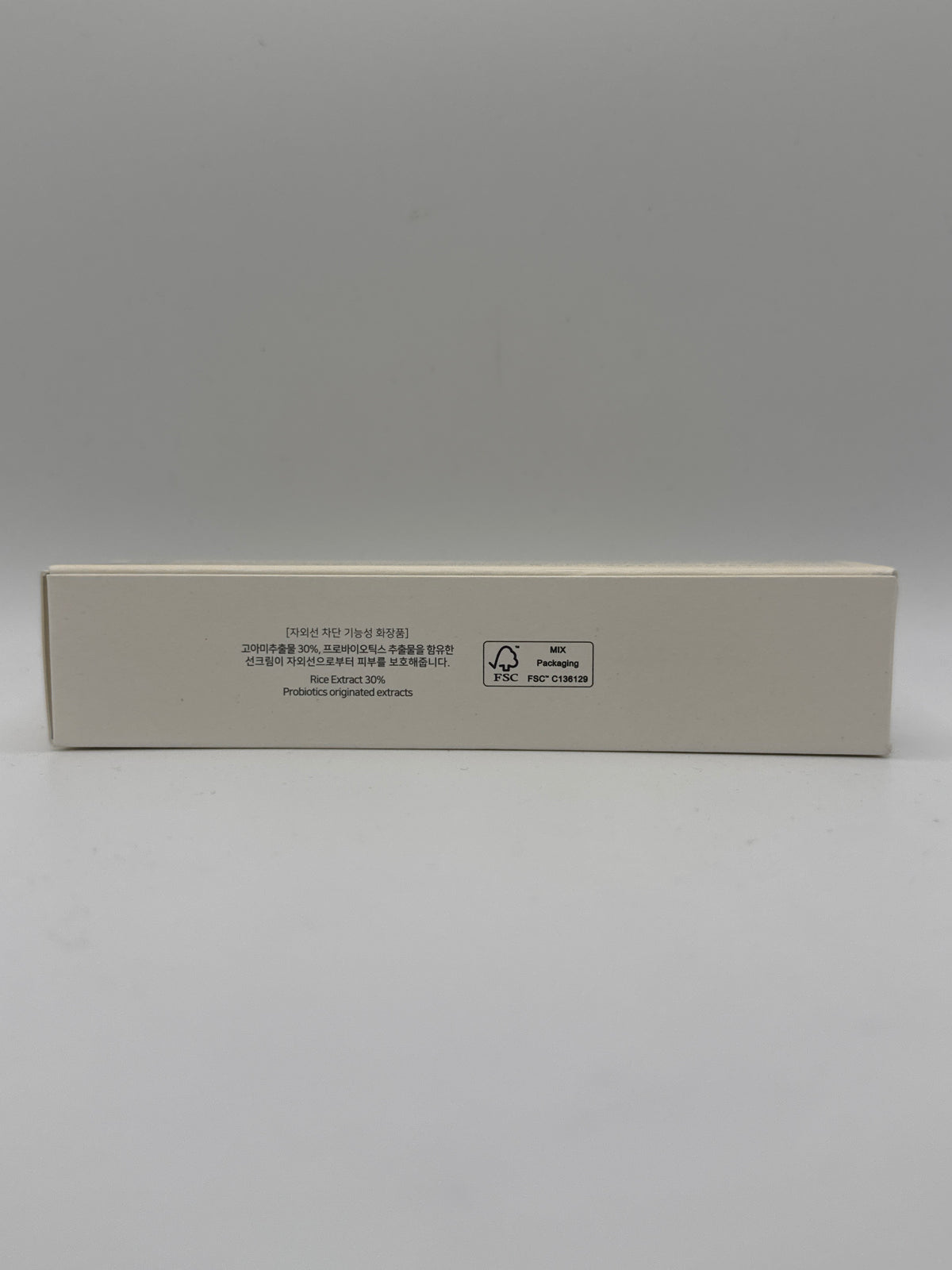 Beauty of Joseon Relief Sun sunscreen box showing rice extract and probiotics labeling with FSC packaging logo.