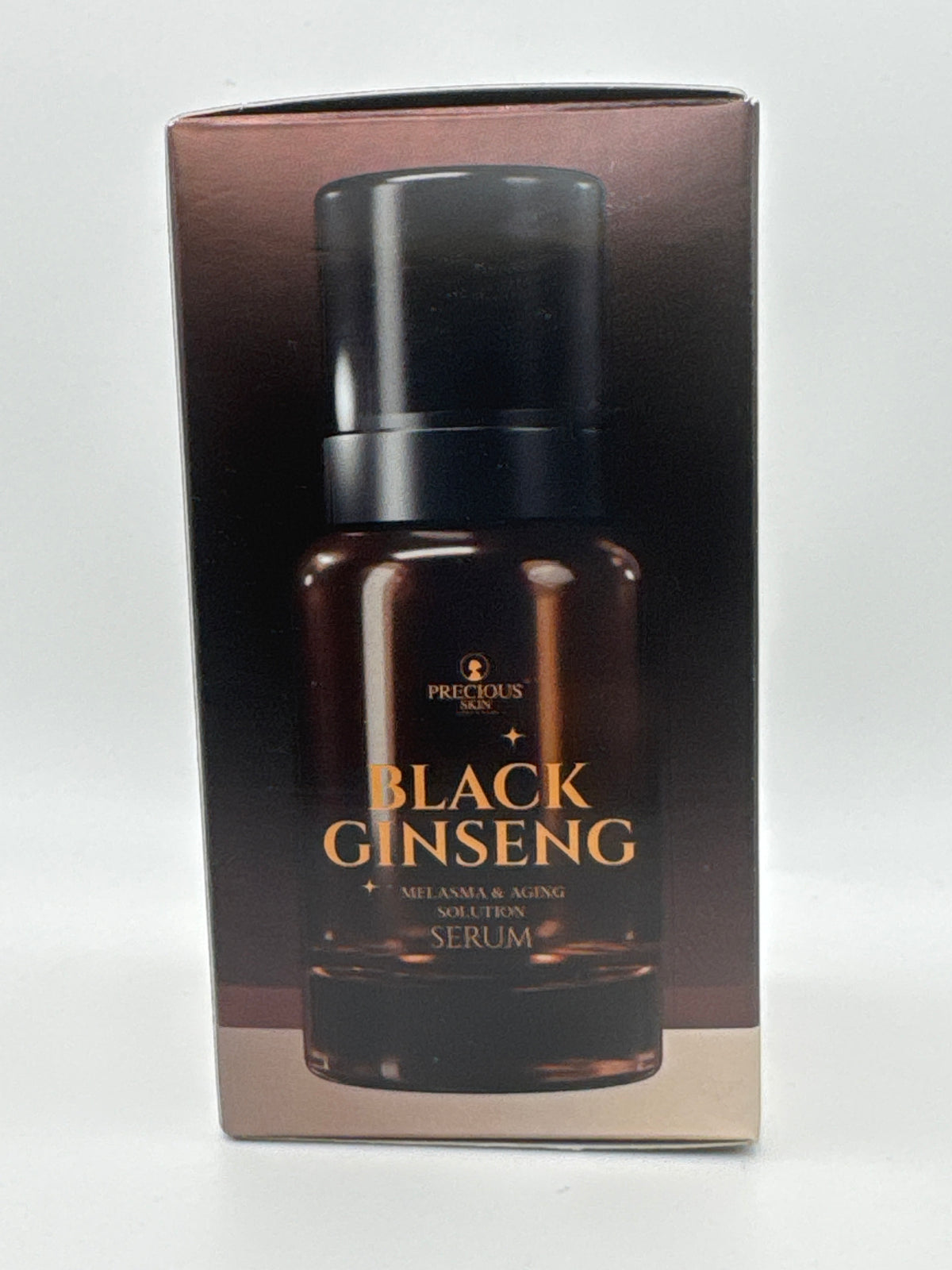Bottle illustration panel: Precious Skin Black Ginseng Serum side panel featuring a printed illustration of the serum bottle.
