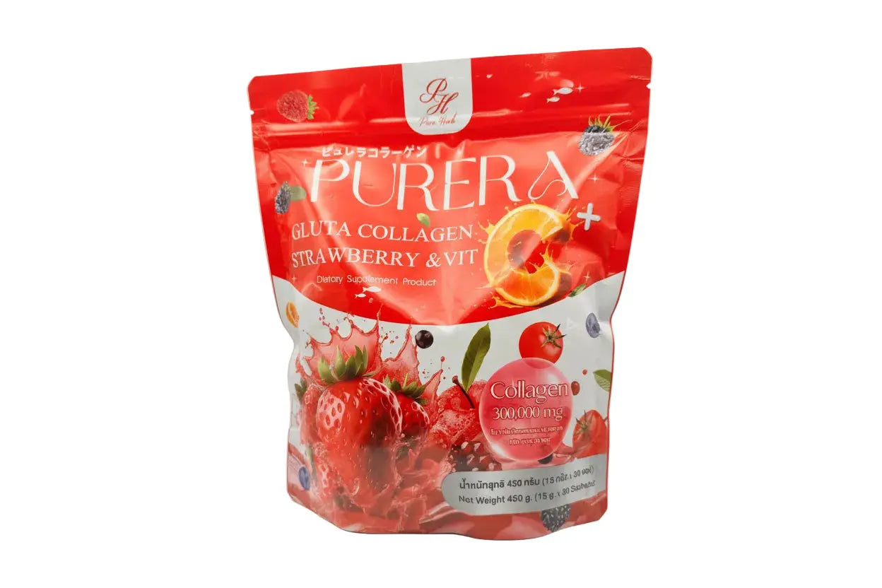 "Purera Gluta Collagen Strawberry & Vitamin C supplement packaging front showing Thai beauty supplement with glutathione and collagen for brighter, firmer skin"
