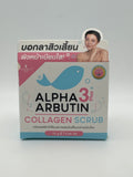 Front photo: Precious Skin Alpha Arbutin 3 Plus Collagen Scrub 75 g box with pink and blue lettering, whale illustration, and portrait.