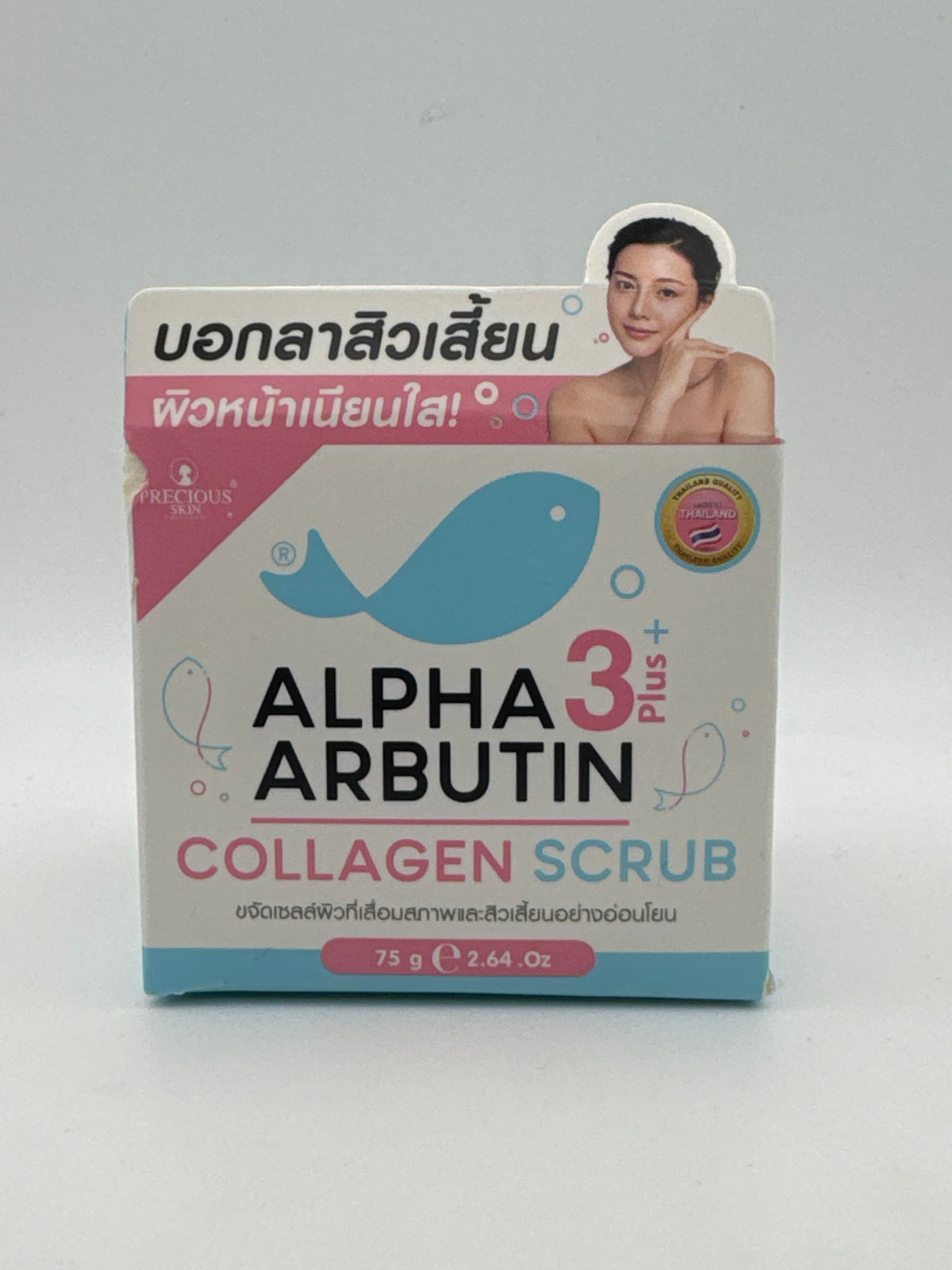 Front photo: Precious Skin Alpha Arbutin 3 Plus Collagen Scrub 75 g box with pink and blue lettering, whale illustration, and portrait.