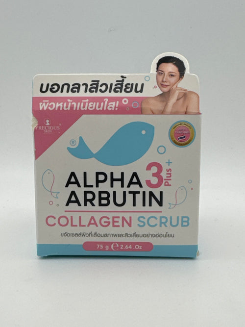 Front photo: Precious Skin Alpha Arbutin 3 Plus Collagen Scrub 75 g box with pink and blue lettering, whale illustration, and portrait.