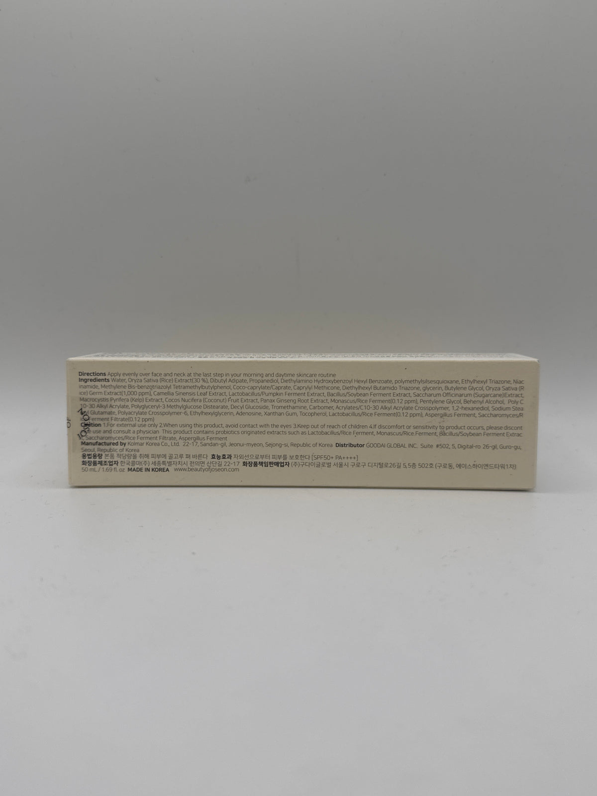 Beauty of Joseon Relief Sun sunscreen box showing English ingredients and product information.