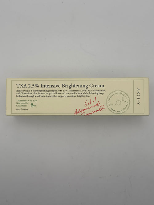 Front photo: AXIS-Y TXA 2.5% Intensive Brightening Cream 50 mL box highlighting tranexamic acid, niacinamide, and glutathione.