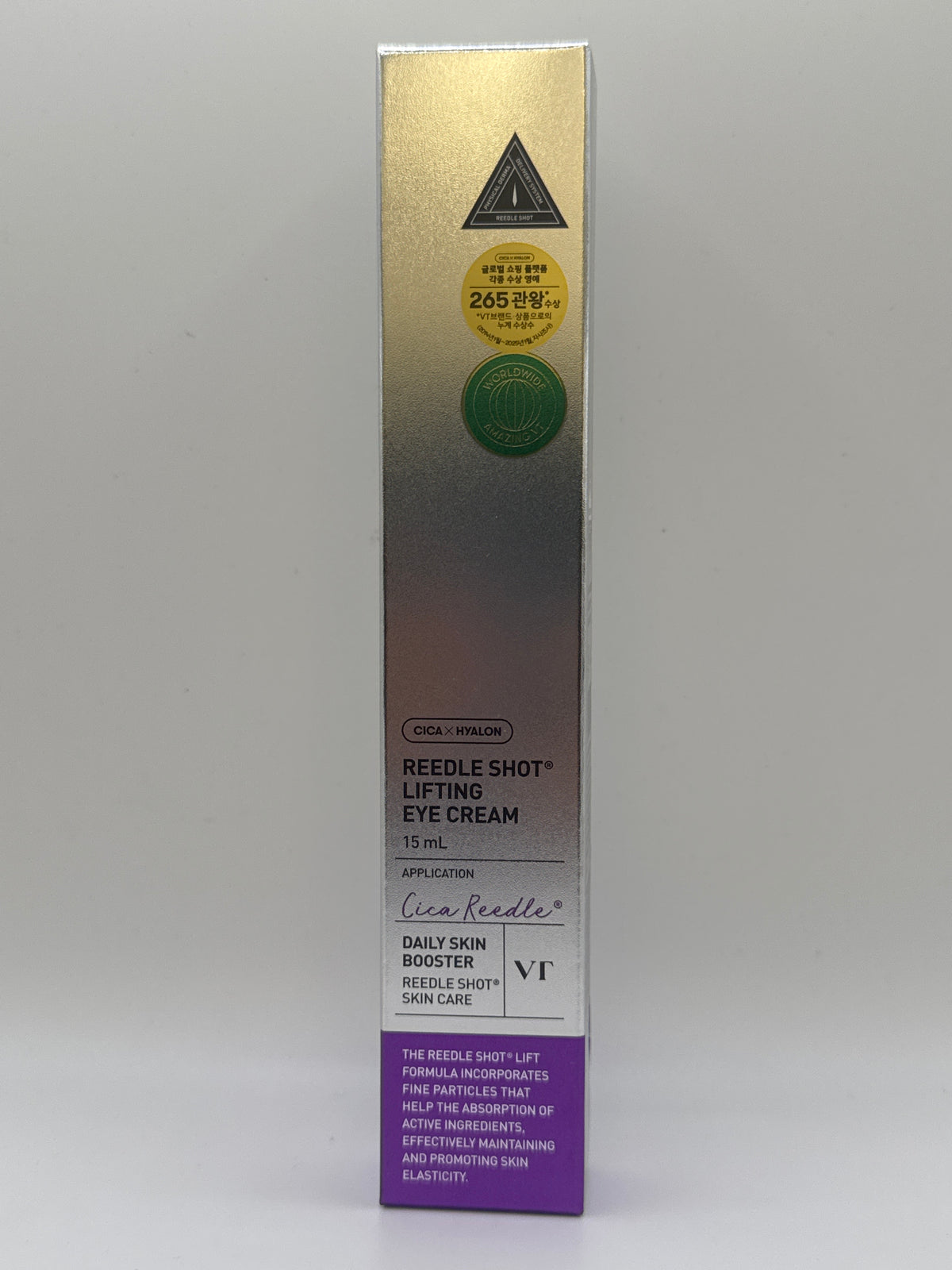 VT Reedle Shot Lifting Eye Cream 15 ml box, front view with metallic silver design and purple panel.