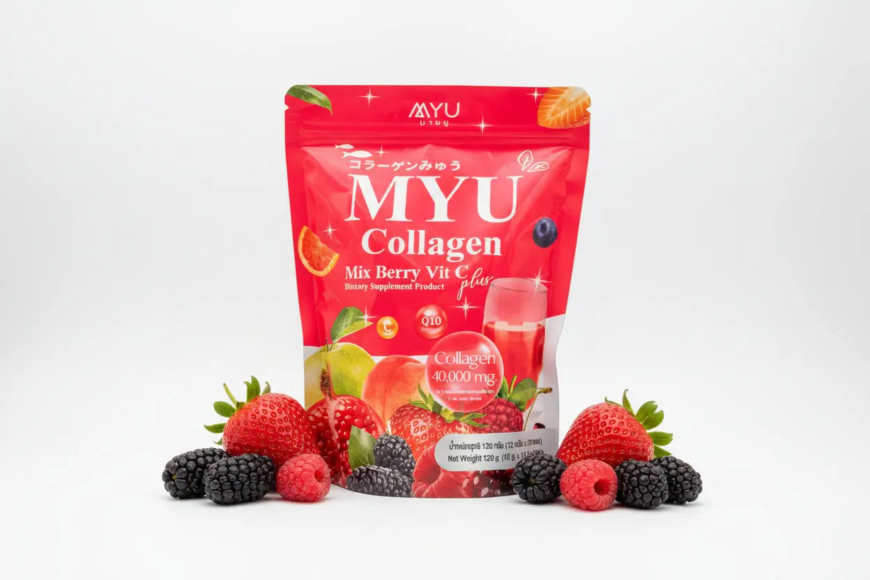 "MYU Collagen Mix Berry Vitamin C Plus supplement packaging front showing Thai fish collagen peptide beauty supplement with mixed berry and vitamin C for firmer, glowing skin"
