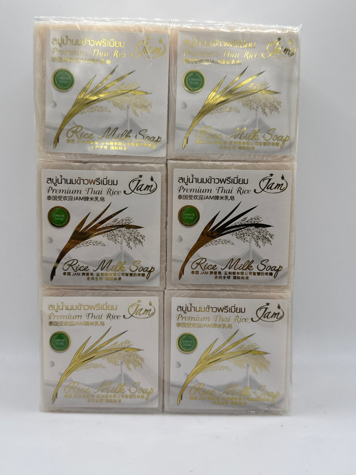 Jam Premium Thai Rice Milk Soap multipack showing six individually wrapped bars arranged in two columns.