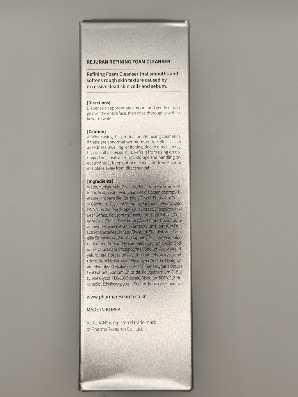 Rejuran Refining Foam Cleanser – Back of Box with Ingredients