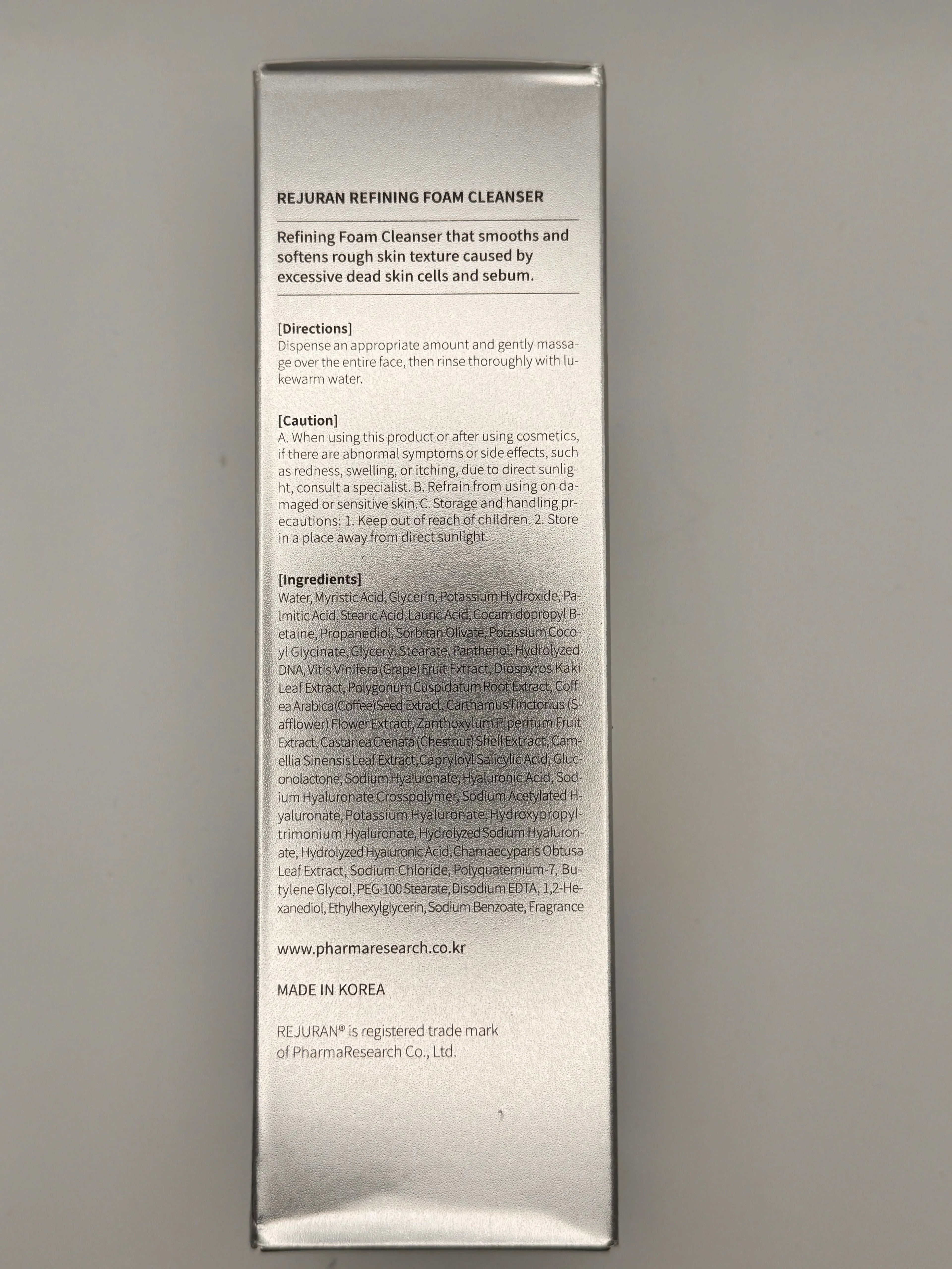 Rejuran Refining Foam Cleanser – Back of Box with Ingredients