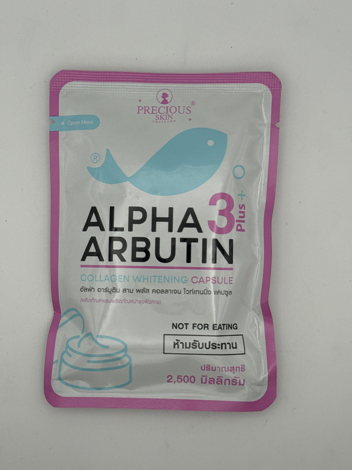  Precious Skin Alpha Arbutin 3 Plus Collagen Whitening Capsule pouch with “NOT FOR EATING” warning
