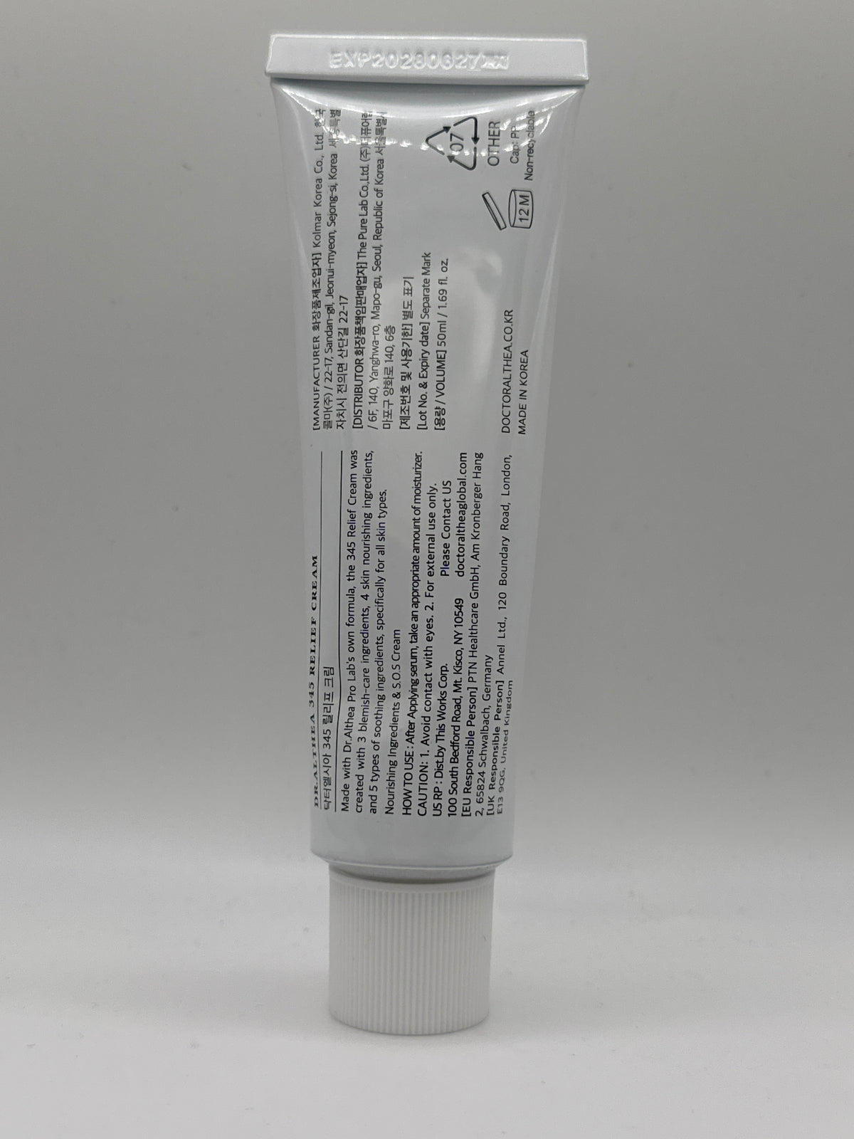 Dr. Althea 345 Relief Cream 50 ml tube, back view showing directions, precautions and manufacturer information.