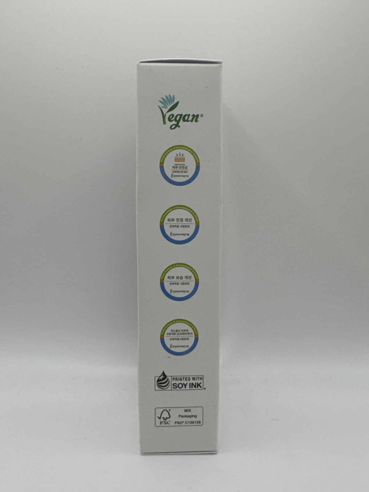 Dr. Althea 345 Relief Cream box showing vegan labeling, testing badges, soy ink and FSC packaging logos.
