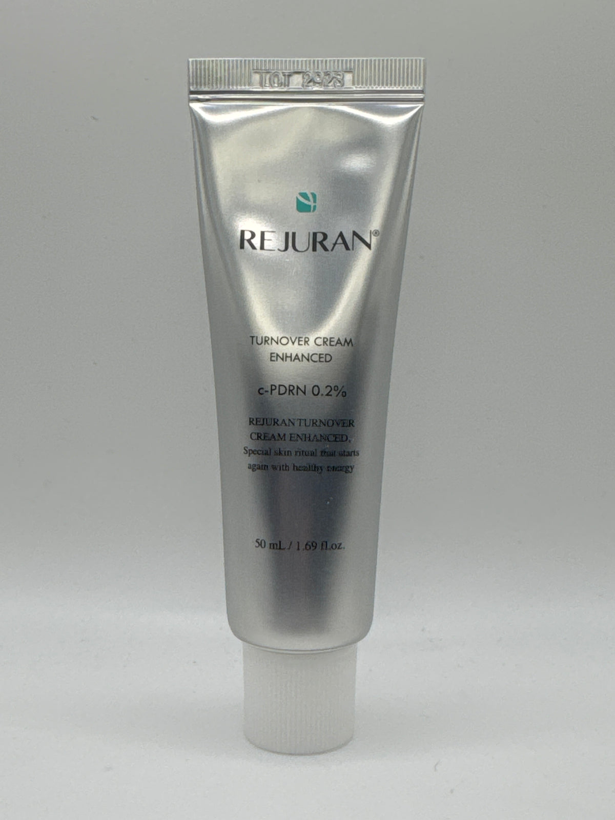 Rejuran Turnover Cream Enhanced 50 ml silver tube with white cap and c-PDRN 0.2% label, front view.