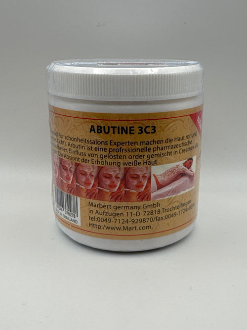 Abutine 3C3 Cream white jar with a white screw-top lid and gold label showing German text and facial treatment images.