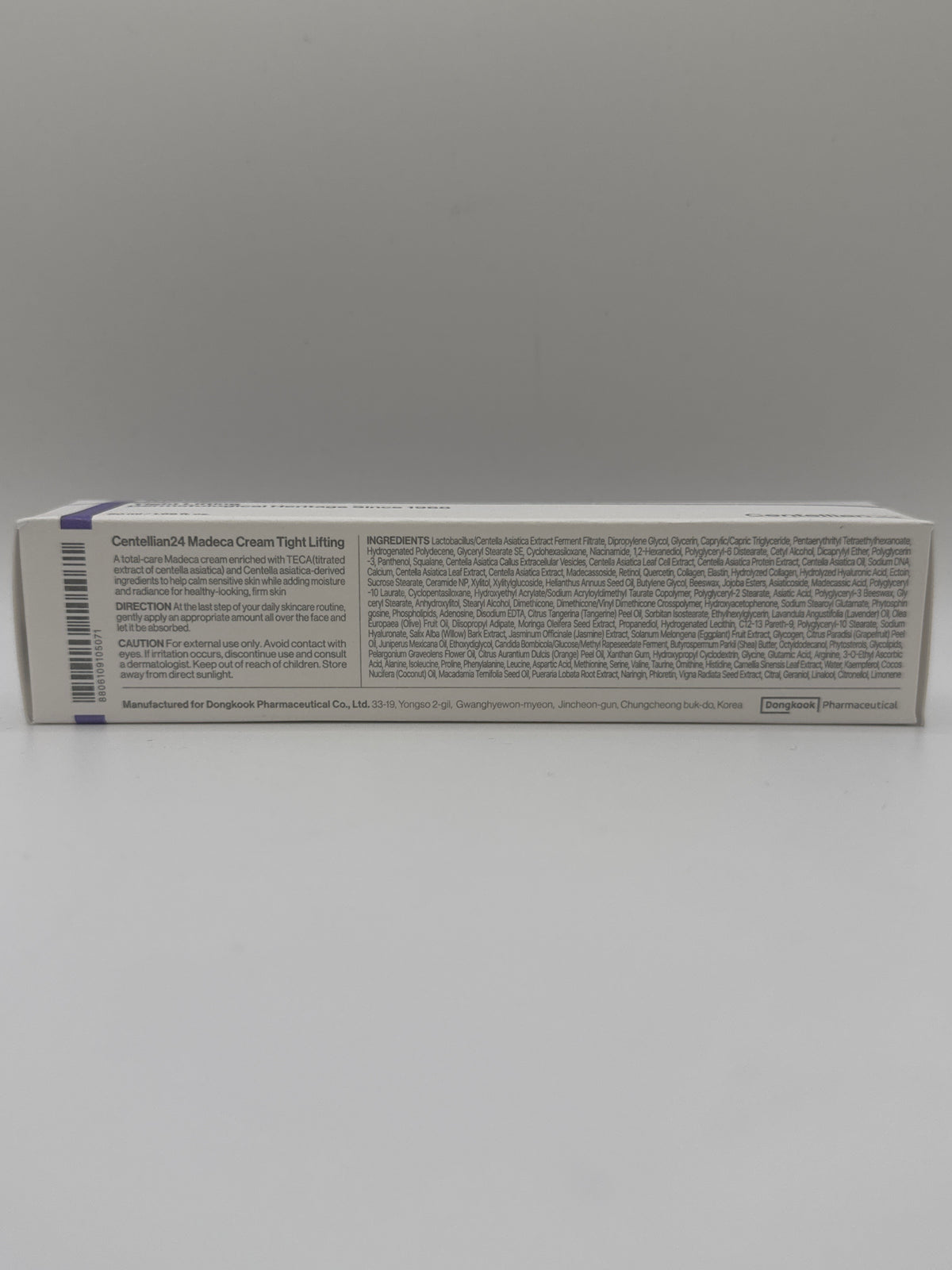 Centellian 24 Madeca Cream Tight Lifting box showing English directions, precautions, ingredients and barcode.