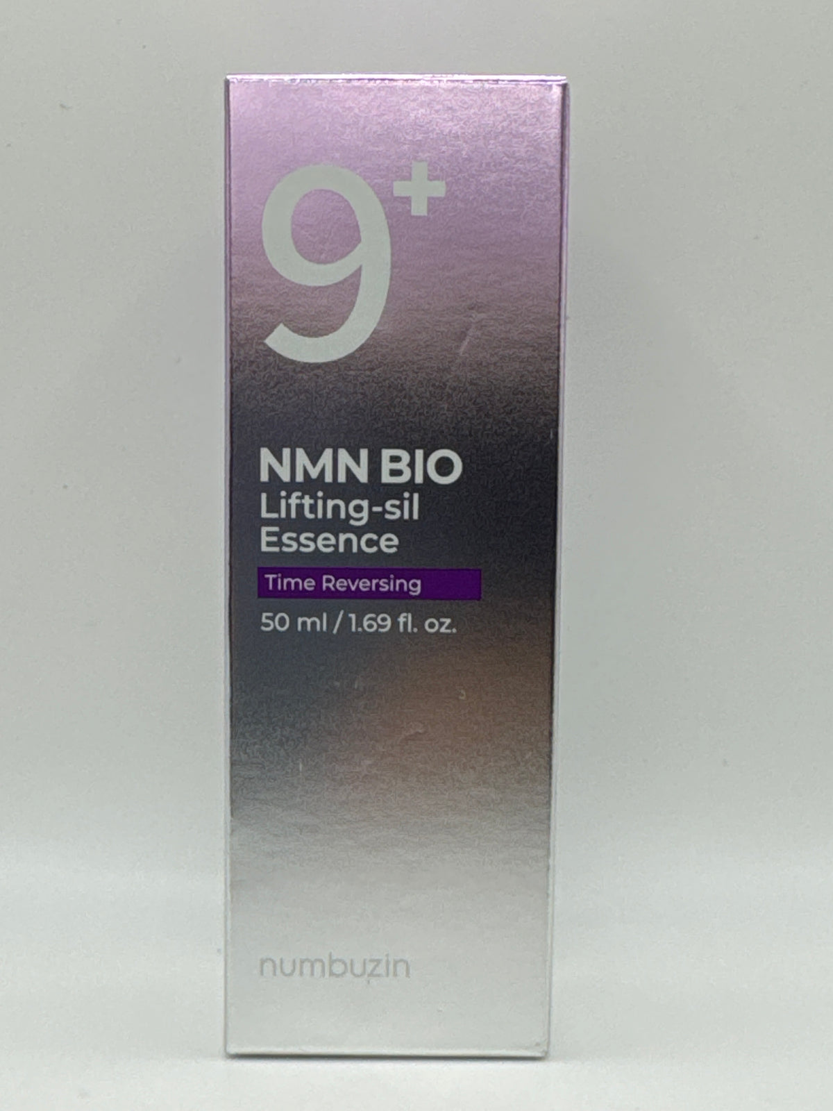 Numbuzin No. 9 NMN Bio Lifting-sil Essence 50 ml box, front view with purple-to-silver design.