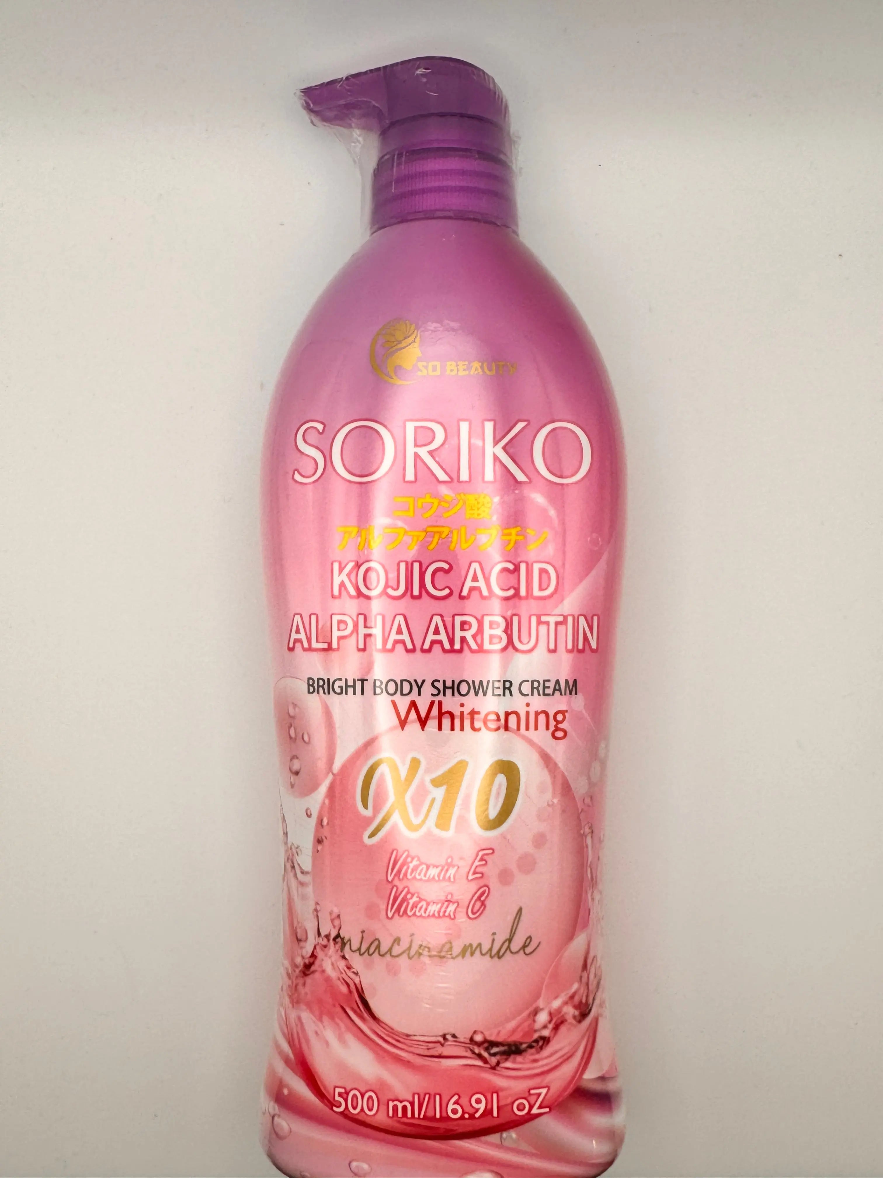 "Soriko Kojic Acid Alpha Arbutin Bright Body Shower Cream - Thai brightening shower cream with kojic acid and alpha arbutin to fade dark spots and even skin tone"
