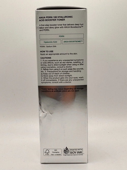 Anua PDRN + Hyaluron Booster Toner – Back of Bottle with Ingredients and Directions