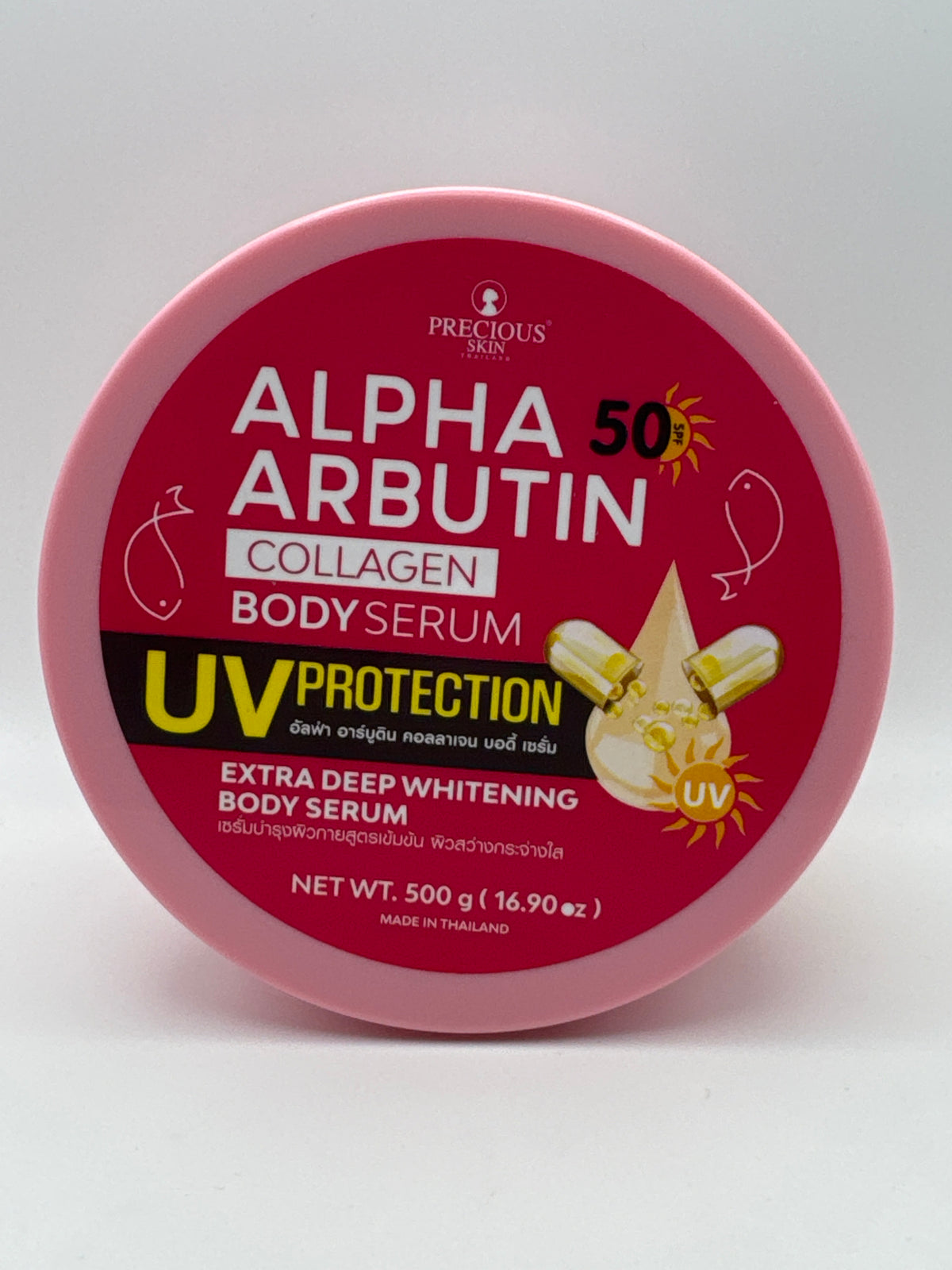Top view of Precious Skin Alpha Arbutin Collagen Body Serum pink lid with a red product label and 500 g size.