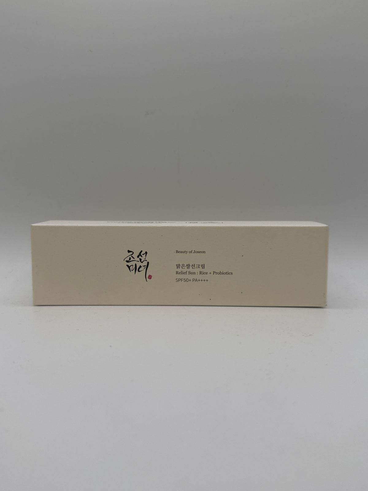 Beauty of Joseon Relief Sun Rice + Probiotics SPF 50+ PA++++ sunscreen box, front view.