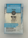 Front photo: Beauty Buffet Brightening Q10 Milk Soap box with blue and white packaging and Milk Plus branding.