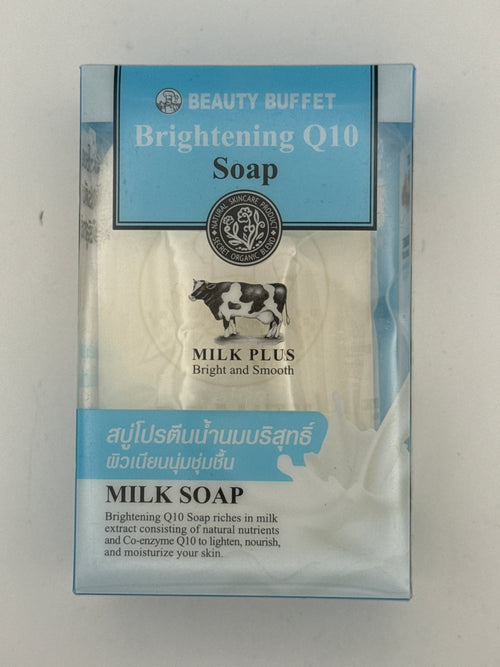 Front photo: Beauty Buffet Brightening Q10 Milk Soap box with blue and white packaging and Milk Plus branding.