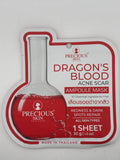 Front photo: Precious Skin Dragon’s Blood Acne Scar Ampoule Mask white and red pouch with a flask illustration, containing one 30 g sheet mask.