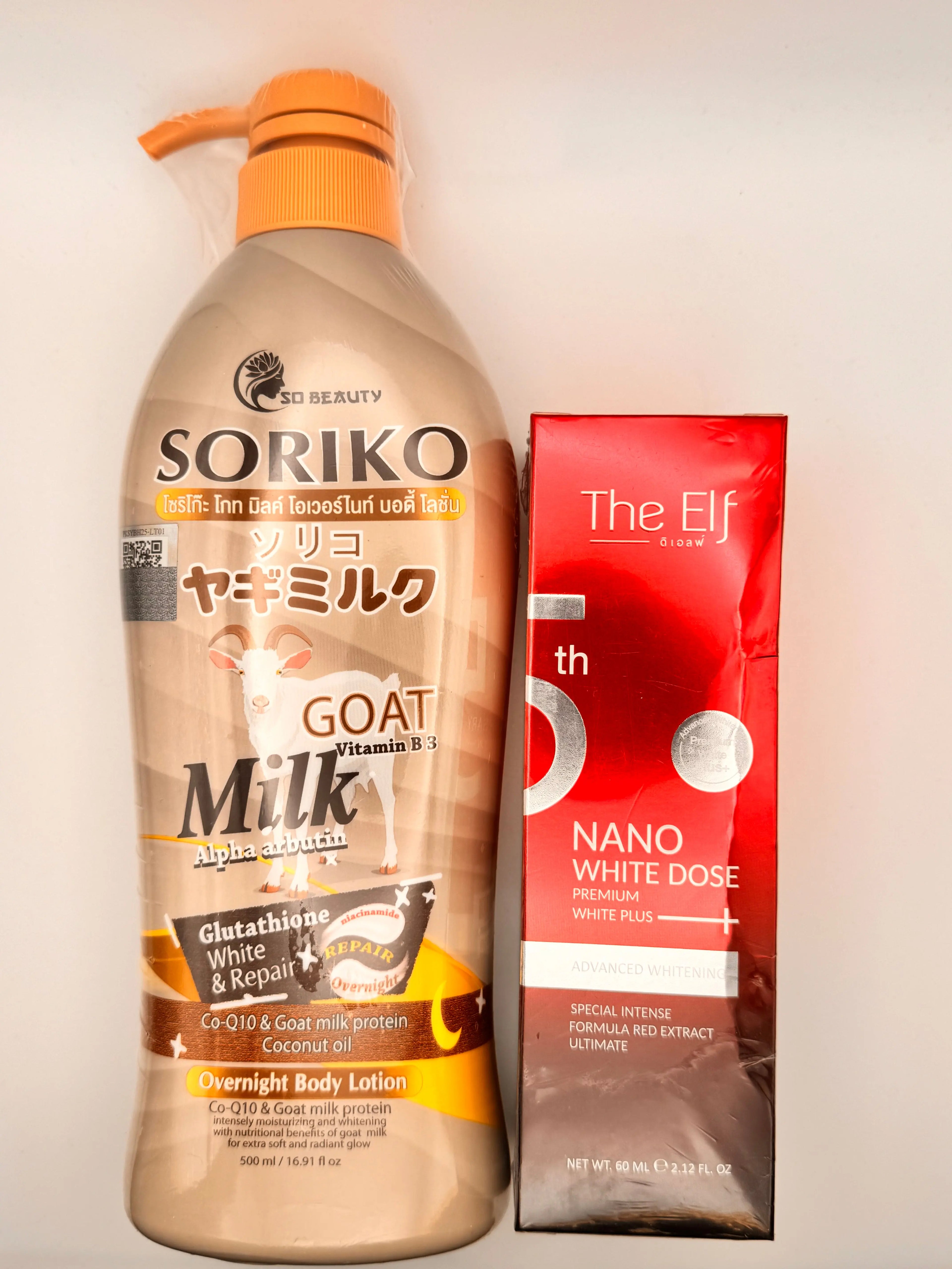 "Soriko Goat Milk Overnight Lotion and Elf Nano White Booster Bundle - Thai overnight brightening duo for deep nourishment, dark spot fading, and glowing skin by morning"