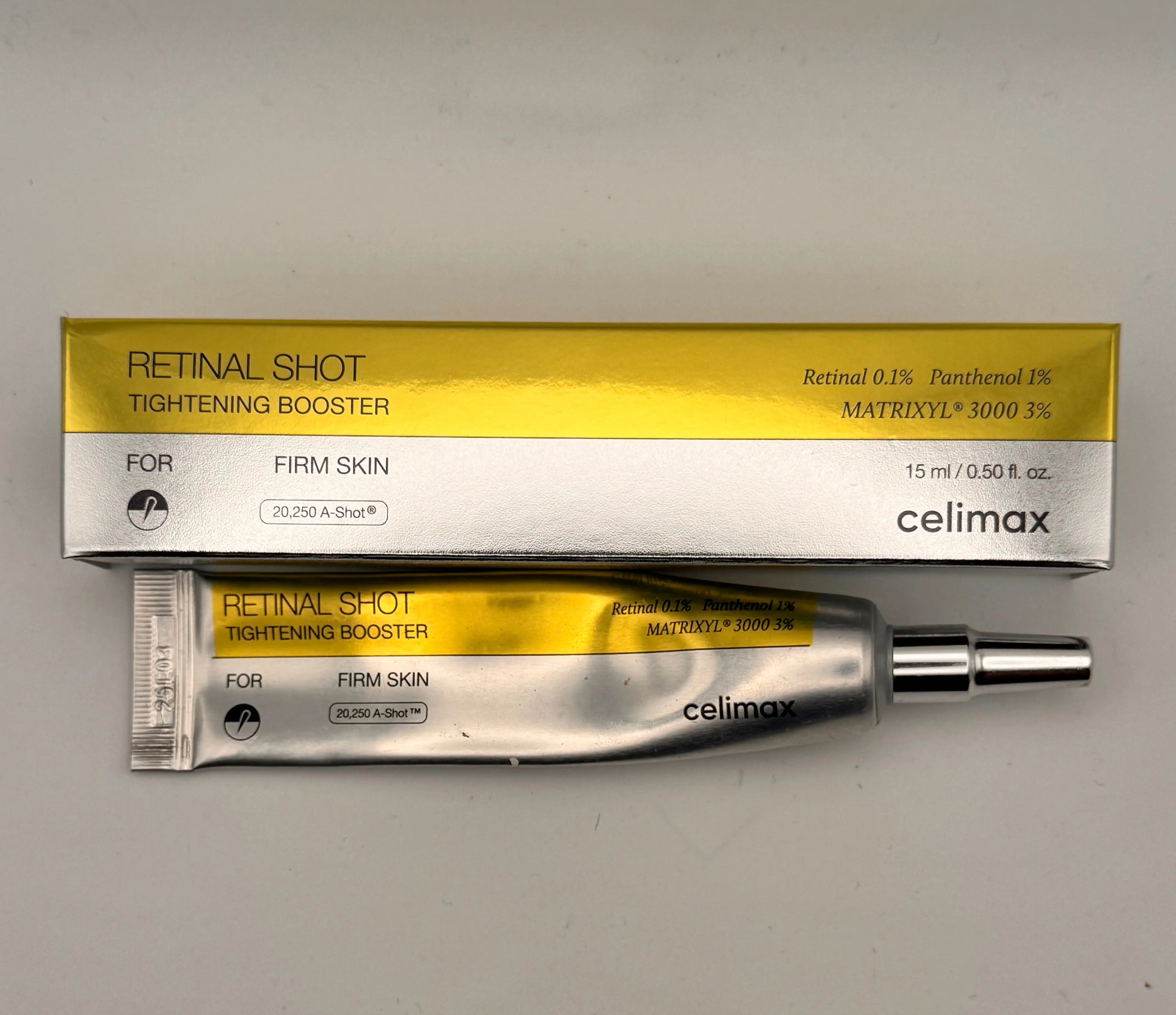 "Celimax Retinal Shot Tightening Booster product label showing retinal and niacinamide key ingredients"