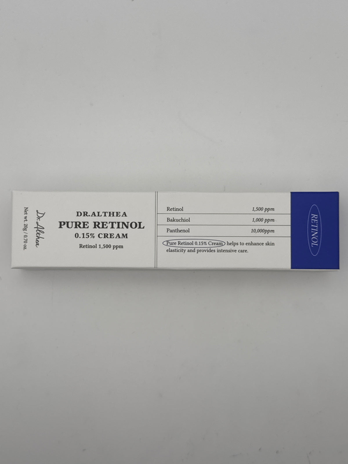 Front photo: Dr. Althea Pure Retinol 0.15% Cream 20 g box showing retinol, bakuchiol, and panthenol concentrations.