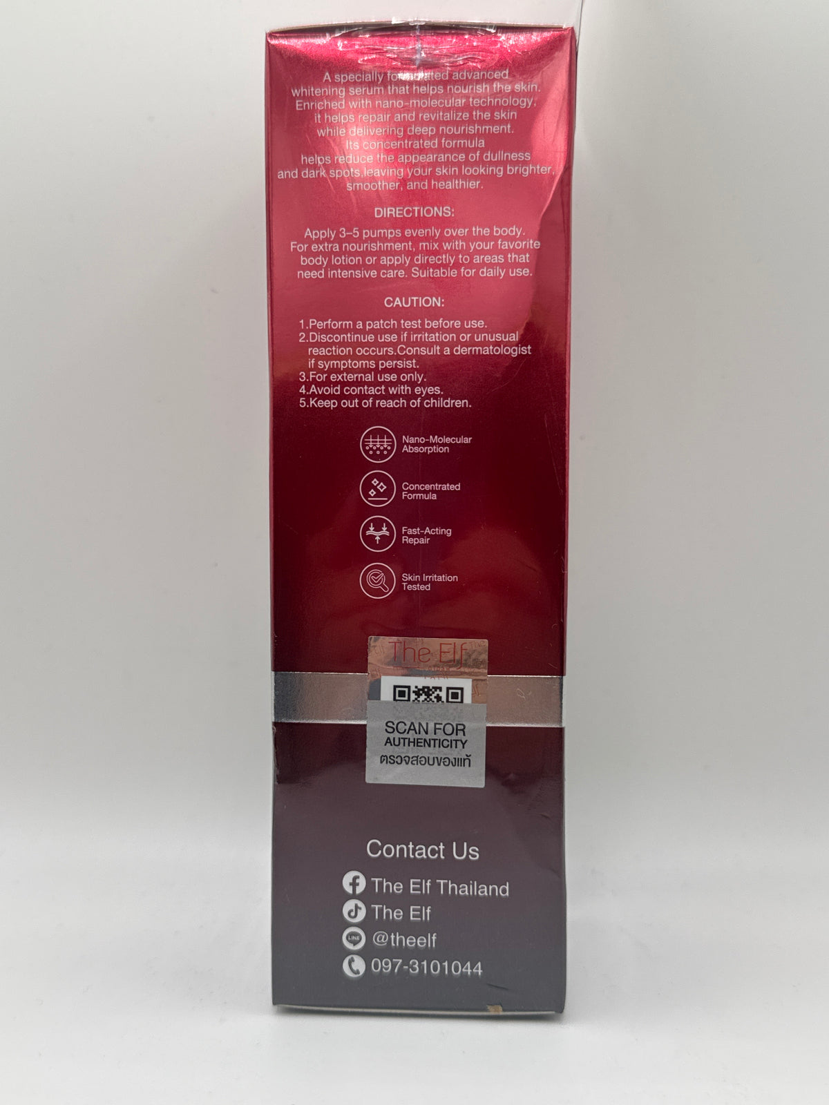 The Elf Nano White Dose box panel showing English directions, cautions, an authenticity QR code, and brand contact details.