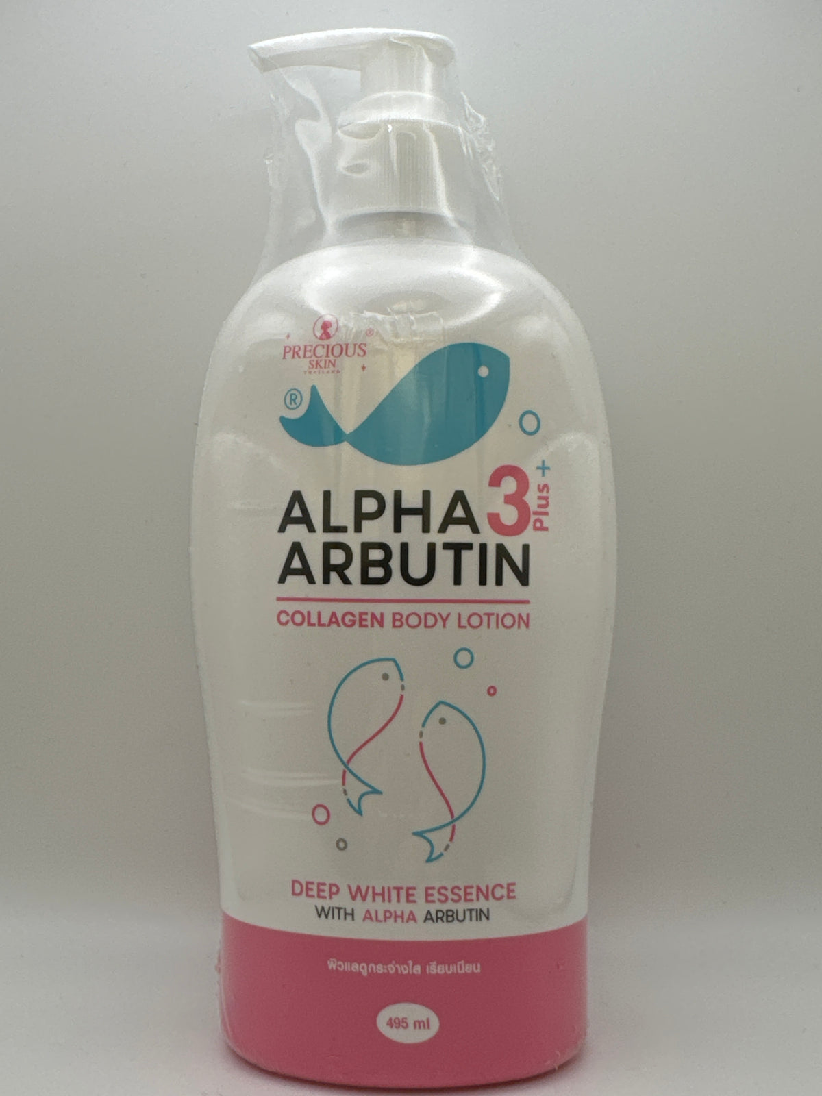 Precious Skin Alpha Arbutin 3 Plus Collagen Body Lotion box with teal fish illustrations, pink accents, and 500 ml labeling.