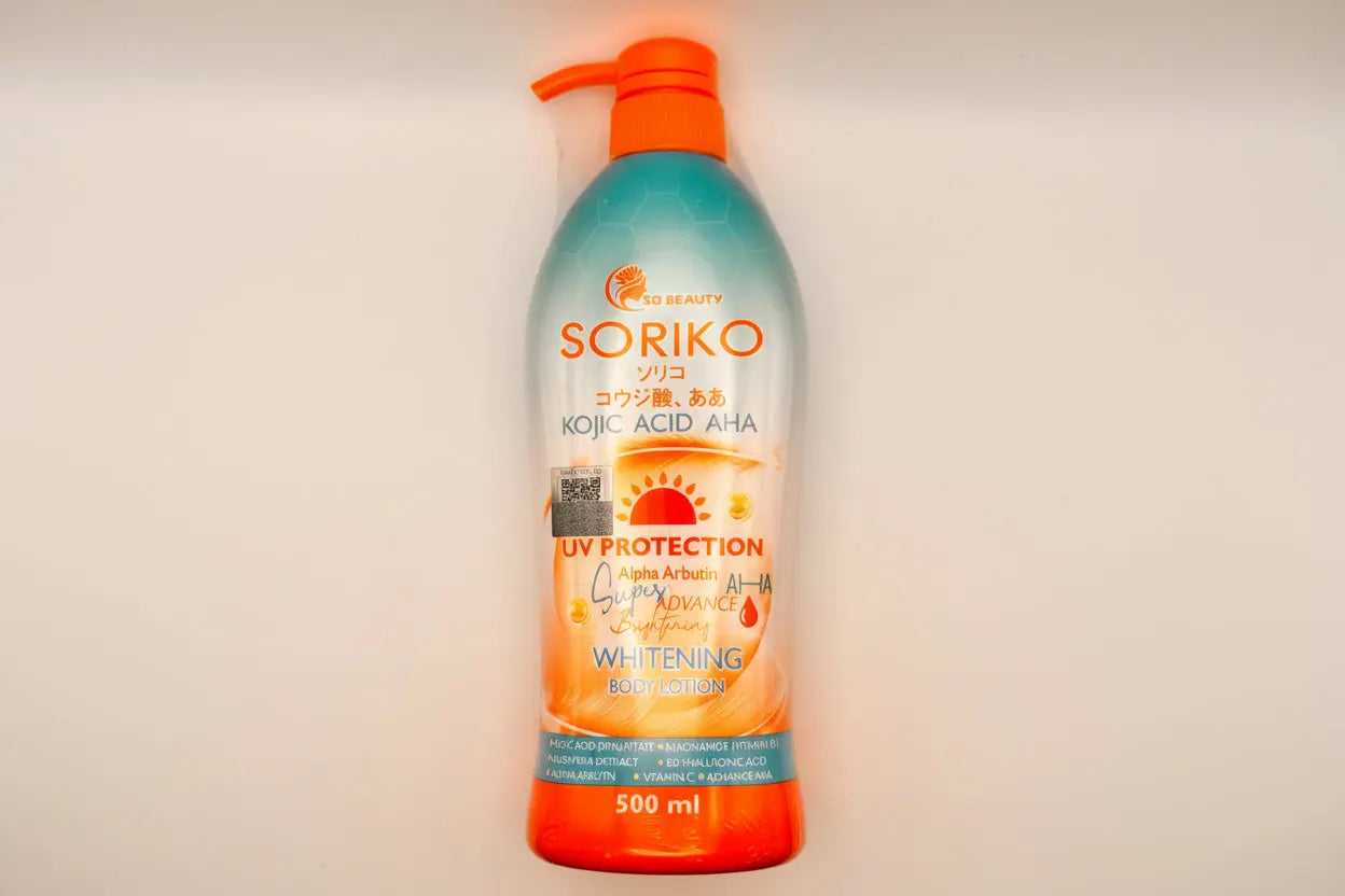 "Soriko Kojic Acid AHA UV Whitening Lotion - Thai brightening body lotion with kojic acid and AHA to fade dark spots and even skin tone"

