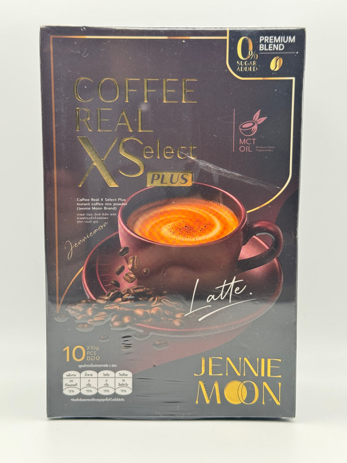Jennie Moon Coffee Real Select Plus instant latte coffee mix, black and gold box containing 10 sachets.