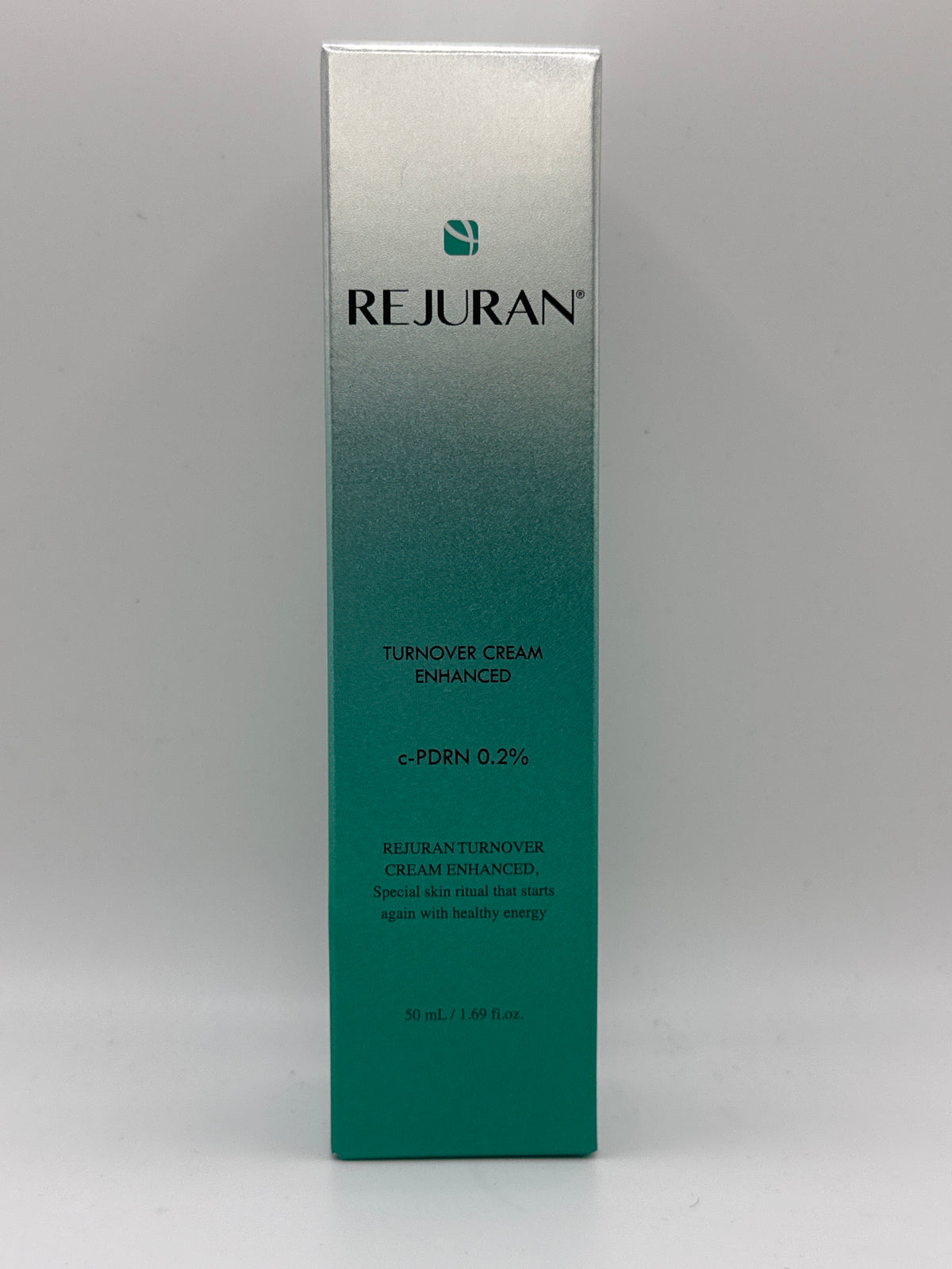 Rejuran Turnover Cream Enhanced 50 ml box, front view with silver-to-green design and c-PDRN 0.2% label.