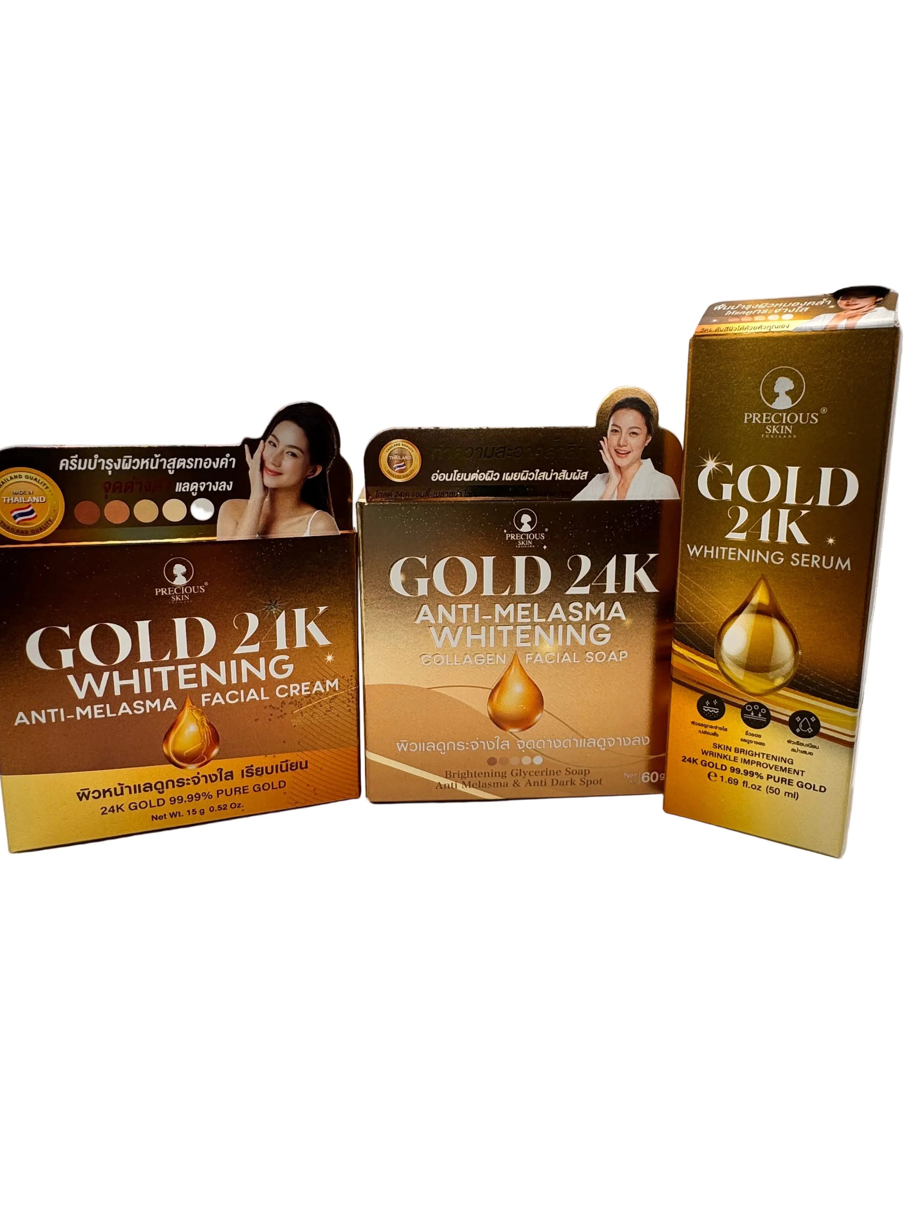 "Precious Skin Gold 24K Anti-Melasma Bundle products laid out showing complete multi-step brightening system"