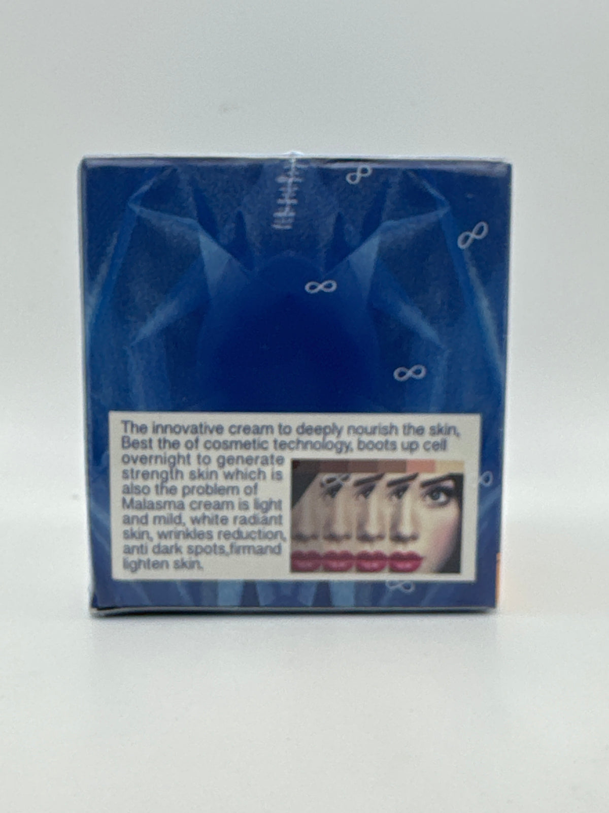 Product information: BeLike D6 Anti-Blemish Night Cream side panel showing product information and a repeated face illustration.