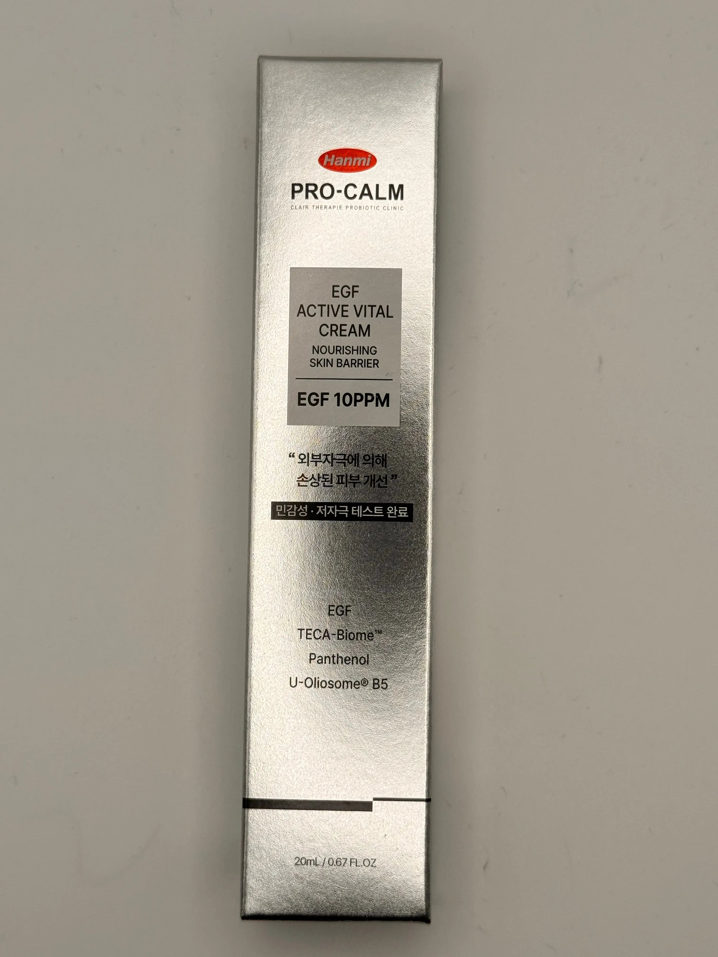 "Hanmi Pro-Calm EGF Active Vital Cream 20g jar open showing rich cream texture for sensitive and mature skin"