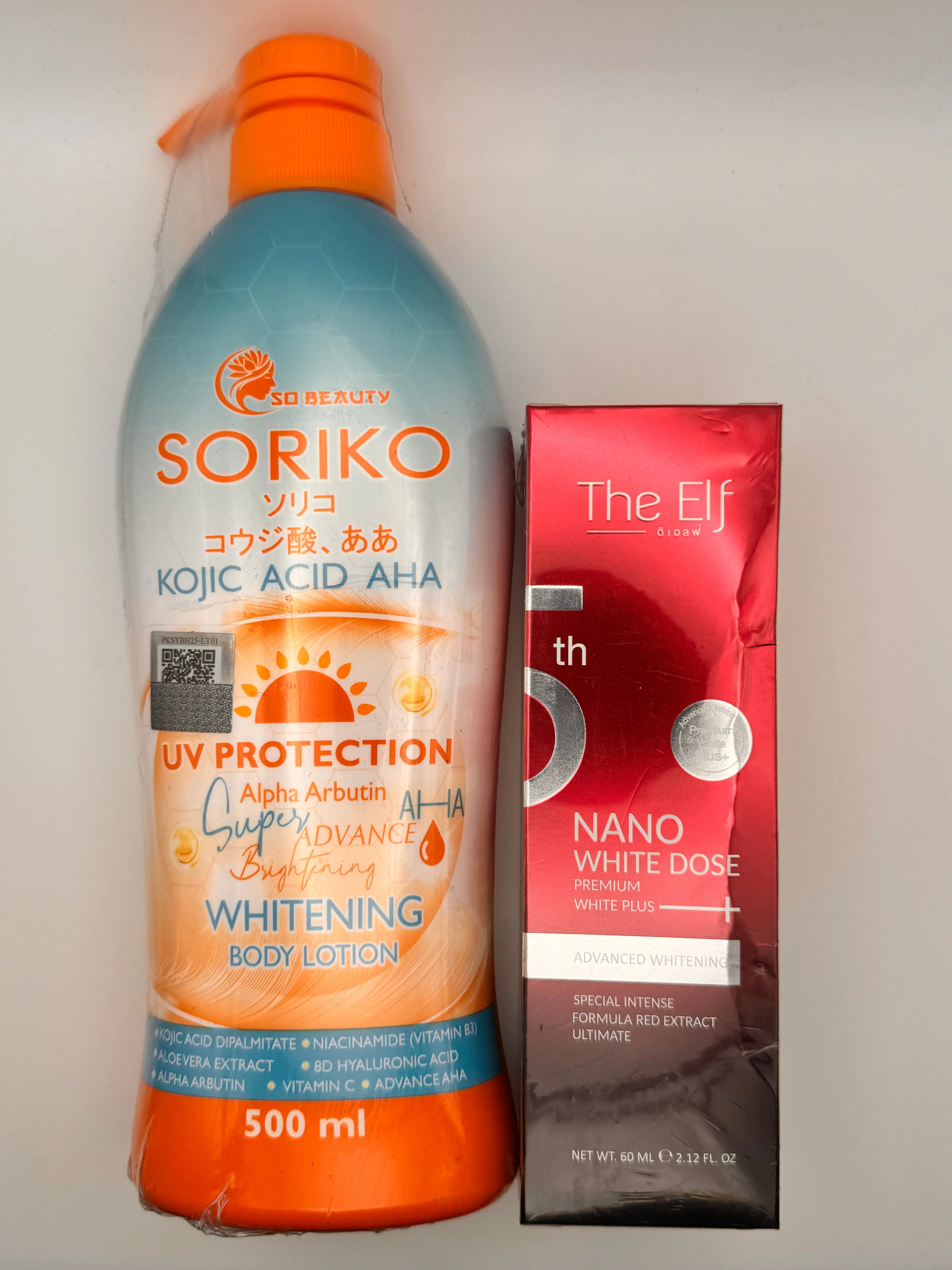 "Soriko Kojic Acid AHA UV Whitening Lotion and Elf Nano White Booster Bundle - Thai brightening duo for fading dark spots, evening skin tone, and boosting radiance"
