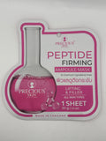 Precious Skin Peptide Firming Ampoule Mask sheet packaging, featuring a pink and white design with a beaker illustration containing pink liquid.