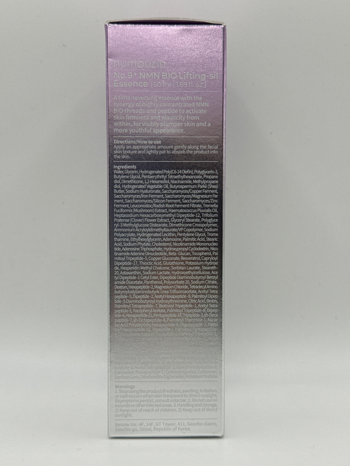 Numbuzin No. 9 NMN Bio Lifting-sil Essence box showing English directions and ingredient list.