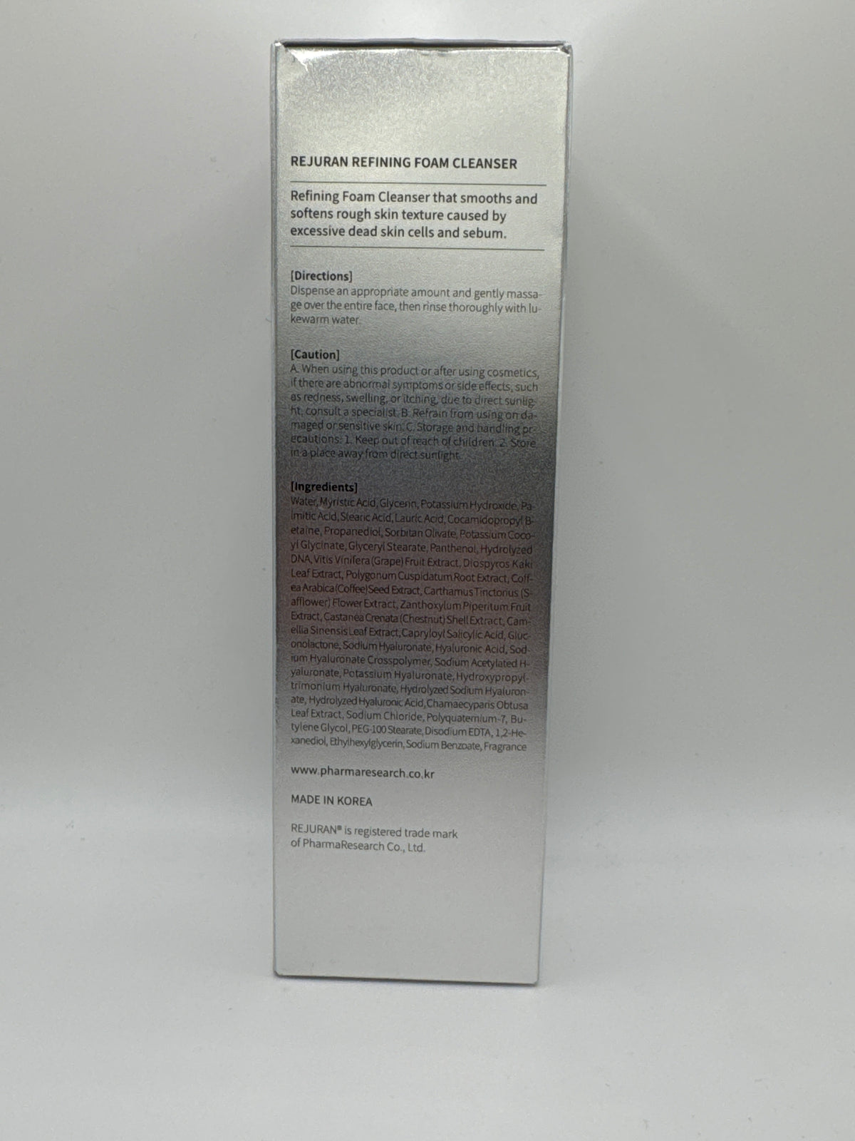 Rejuran Refining Foam Cleanser box showing English directions, precautions and ingredient list.
